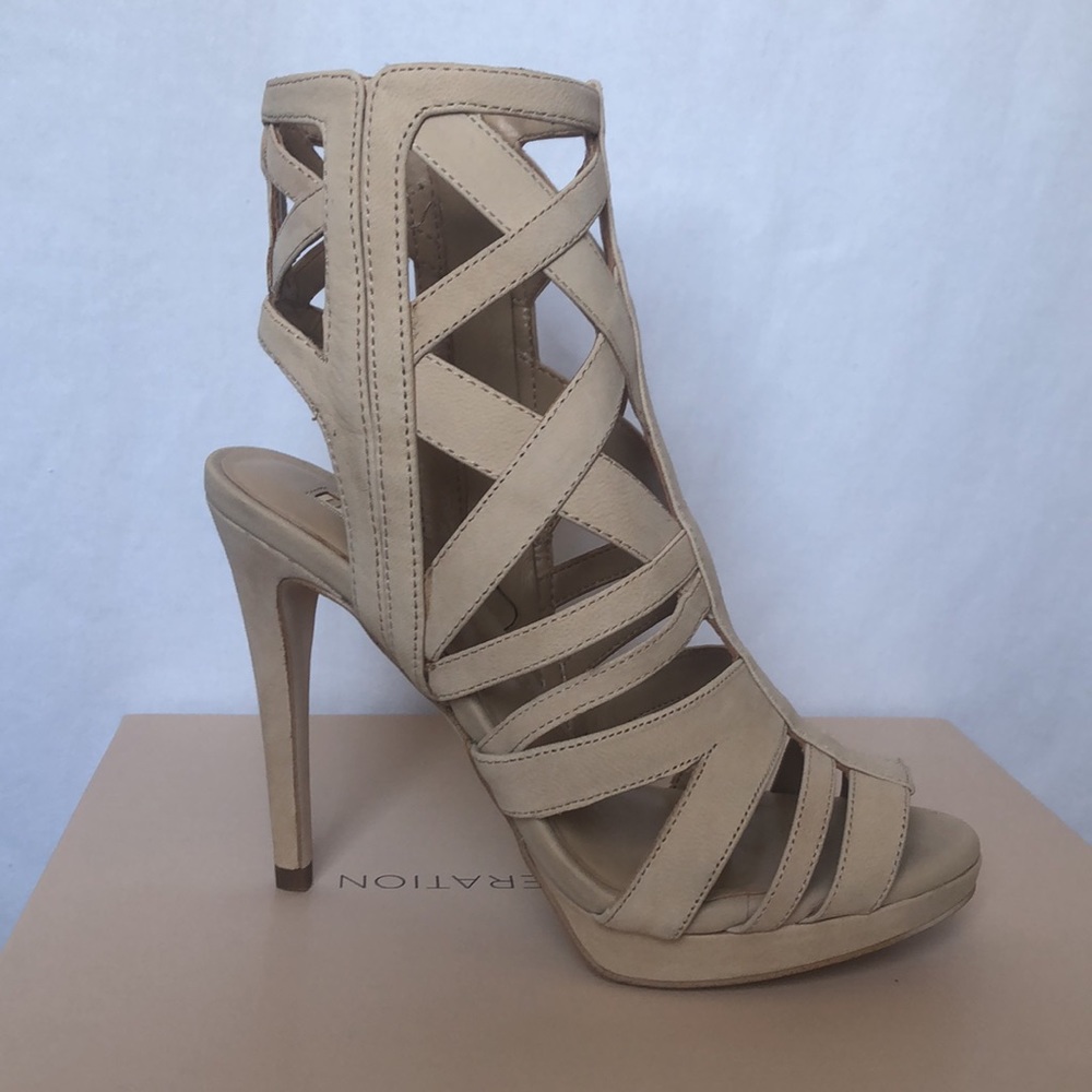 BCBGeneration Garlen Caged Sandals New in box. Size 6.5. Sand color. 4in heel.